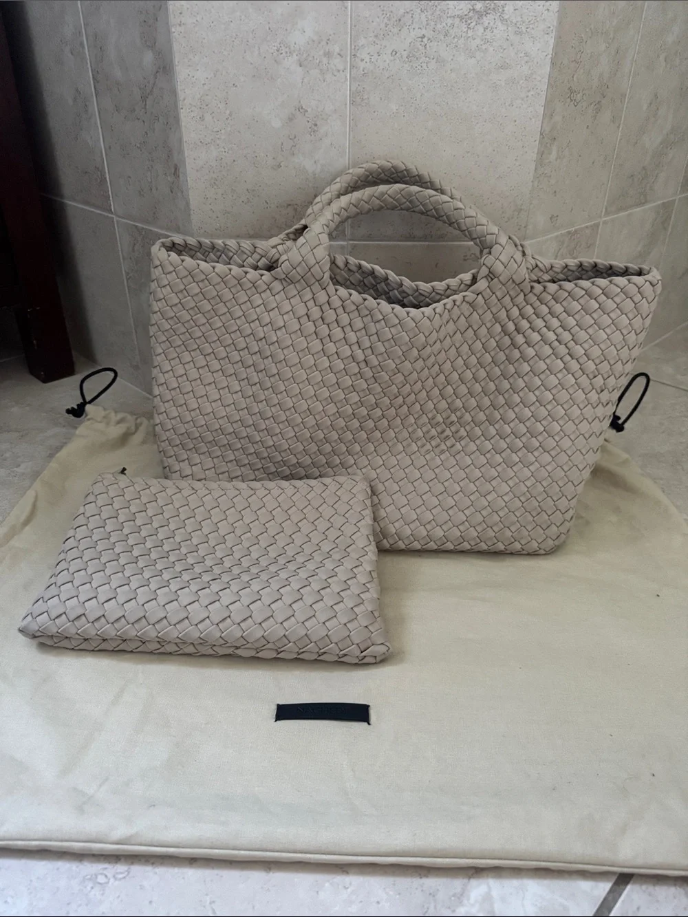 Naghedi medium Woven Top-Handle Tote with Matching Pouch in cream